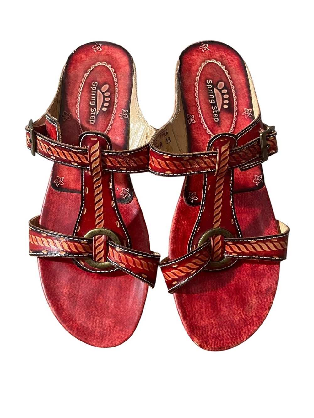 D2- Spring Step Red Braided Strap Mules with Metal Ring Detail